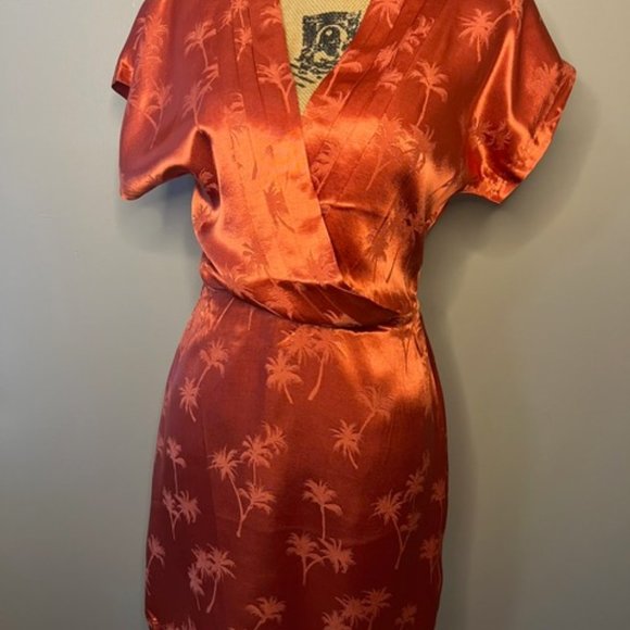 #81 NWT Silky Palm Print Dress Orange Short Sleeve V Neck Dress XS, S, M - Picture 5 of 12